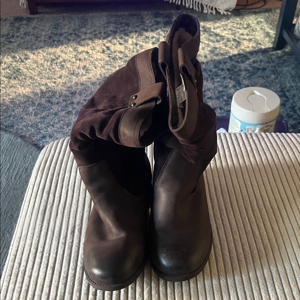 UGG Eggplant Leather Heeled Boots with fleece lining